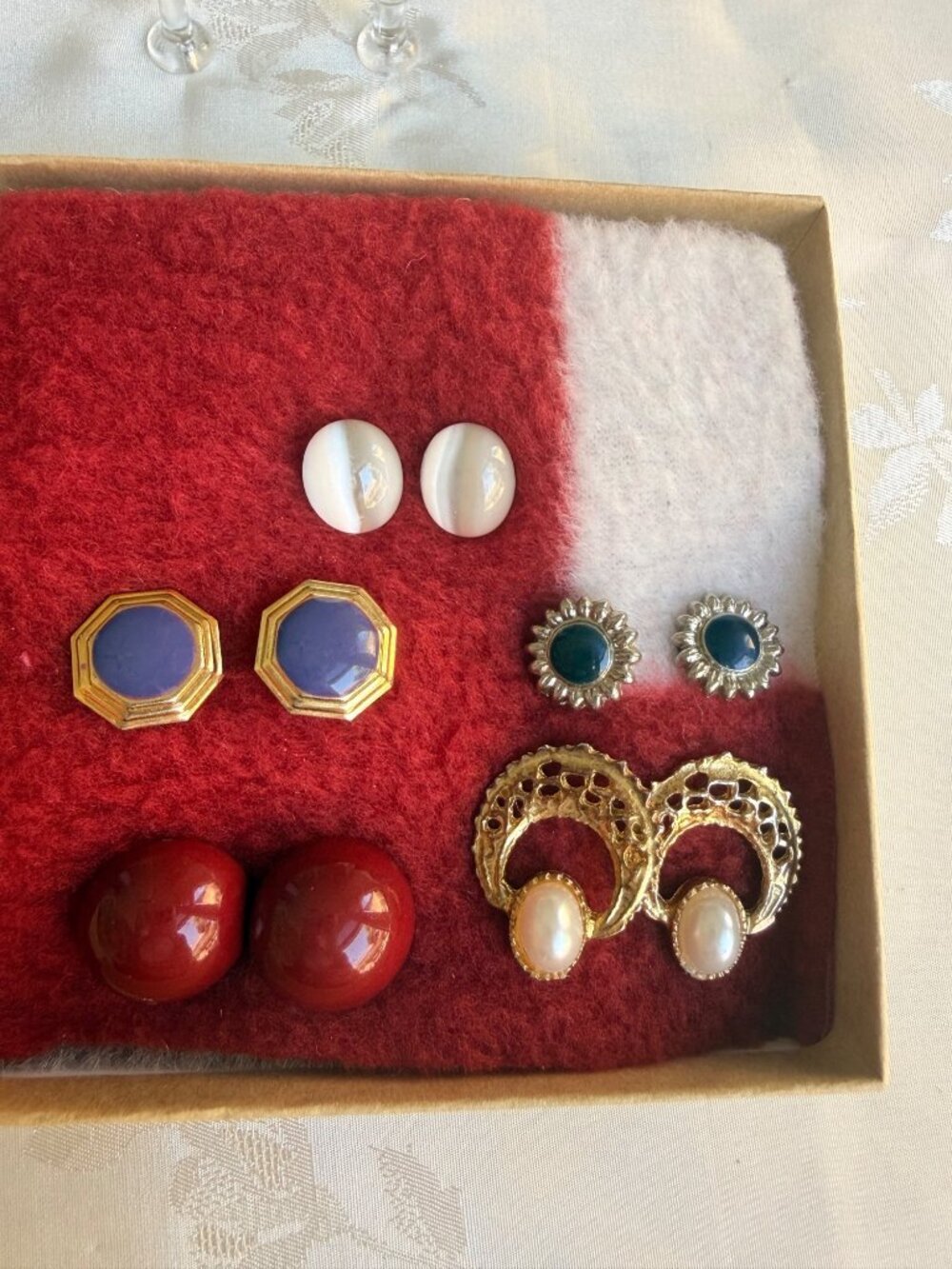 Vintage Pierced Earrings Set Of 5 Featuring Gold, Pearl, Red, Blue, Green Tones